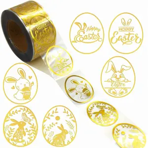1 Roll 500Pcs Easter Sticker Roll – Gold Foil Bunny Pattern Self-Adhesive Round Seals for Kids Party Favors, Scrapbook Supplies, Envelope Decor & Water Bottle Labels