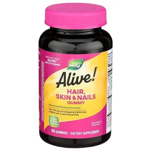 Nature's Way Alive! Hair Skin & Nails Gummies - 60 Count, Strawberry Flavored, High-Potency Biotin & Collagen, Gluten-Free, Vegan Bathroom Collagen Healthcare Supplement Dietary Edible Fitness Optimum