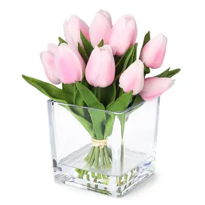 12 Pcs Artificial Tulips Flowers, Real Touch Faux Tulip Stems for Vase, Home Kitchen Wedding Dining Table Decorations, Ideal Gift for Mother's Day, Easter, Valentine's Day (Pink)