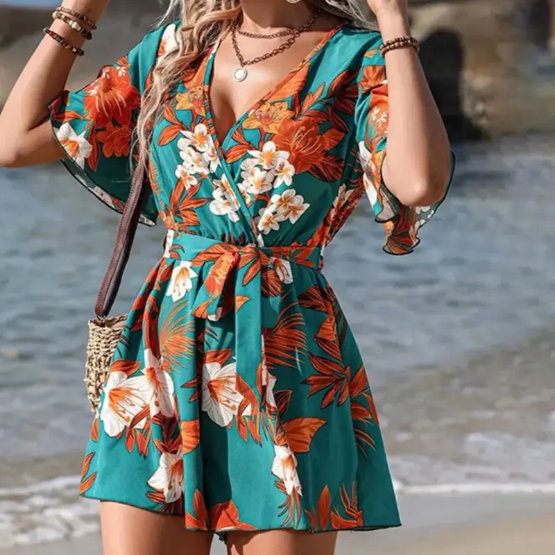 Women's Beach Vacation Printed Jumpsuit with Ruffle Sleeves and Short Culottes
