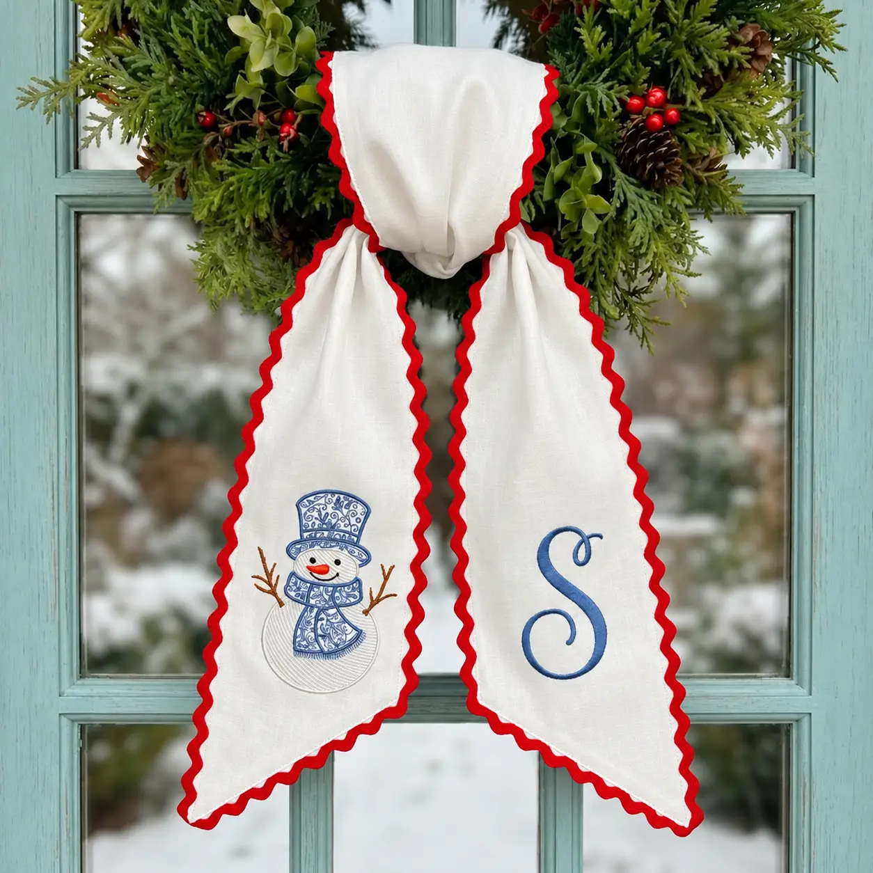 Personalized  Embroidered Toile Snowman Wreath Sash, Monogram Door Decor,  Scalloped Christmas Ribbon, Personalized Holiday Sash, Custom Winter Decor