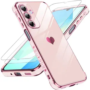for Galaxy A16-5G Phone Case: Tempered Screen Protector [2 Pcs]+ Full Lens Protection, Love Heart Plating Luxury Shockproof Case for A 16 5G Cute,Pink