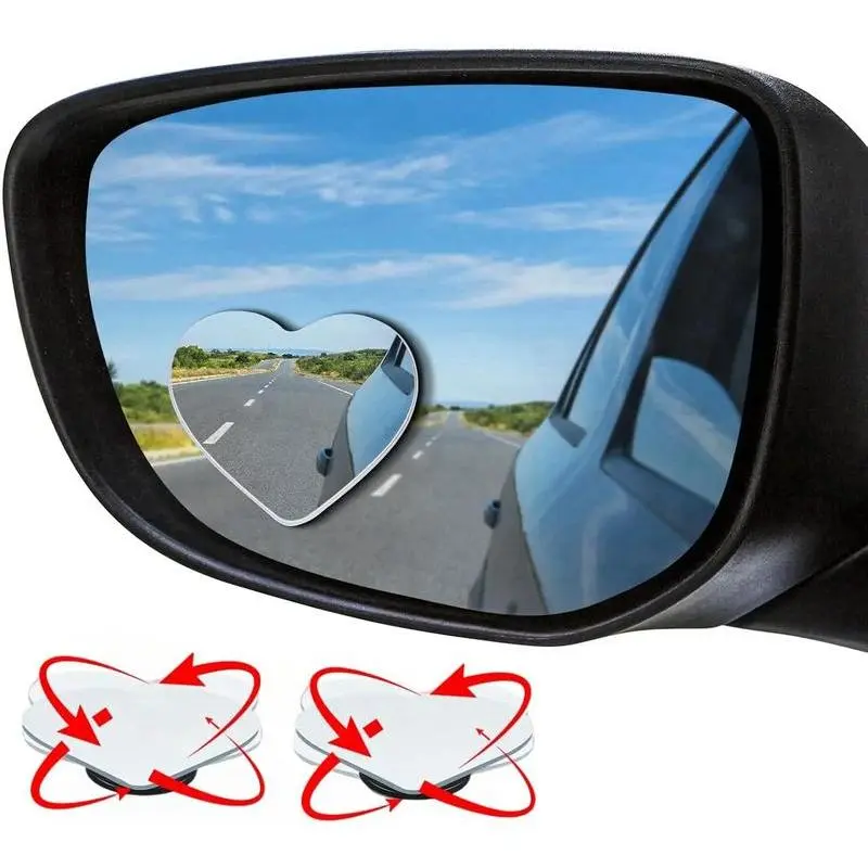 2-Pcs Automotive Heart-Shaped Blind Spot Mirrors - Frameless, Wide-Angle, 360° View Rotatable Side View Mirrors, Universal Fit Auto Accessories for Party Bags & Gifts