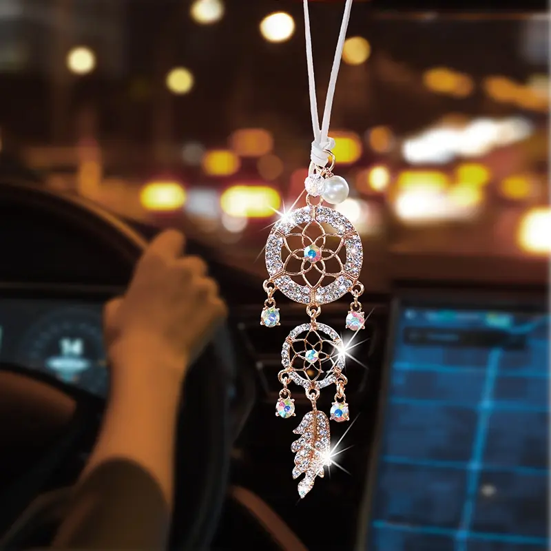 Design Floral Dreamcatcher Car Hanging Ornament, Fashionable Rearview Mirror Accessory, Elegant Car Interior Pendant Decoration, Car Interior Ornaments, Car Decorations Interior, Vehicle Decoration, Automotive Decoration