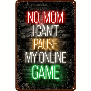 Vintage Gamer Neon Metal Sign - 'No, Mom I Can'T Pause My Online Game' - Retro Wall Decor For Boys Room & Home Office, Indoor Use, 8X12 Inches