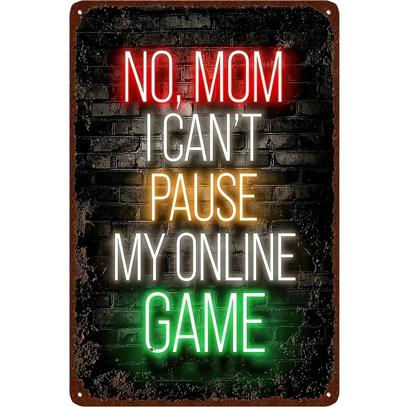 Vintage Gamer Neon Steel Wall Plaque - 'No, Mom I Can't Pause My Online Game' - Geek Culture Retro Room Decor, 8x12 in Indoor Teen Boy Gift, Boys Room Accessories for Bedroom, Sign