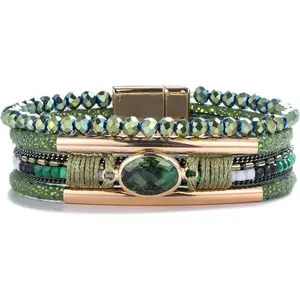 FANCY SHINY Leather Wrap Bracelets Crystal Beads Bracelet Boho Cuff Stone Charm Bracelets with Clasp Costume Jewelry  Women