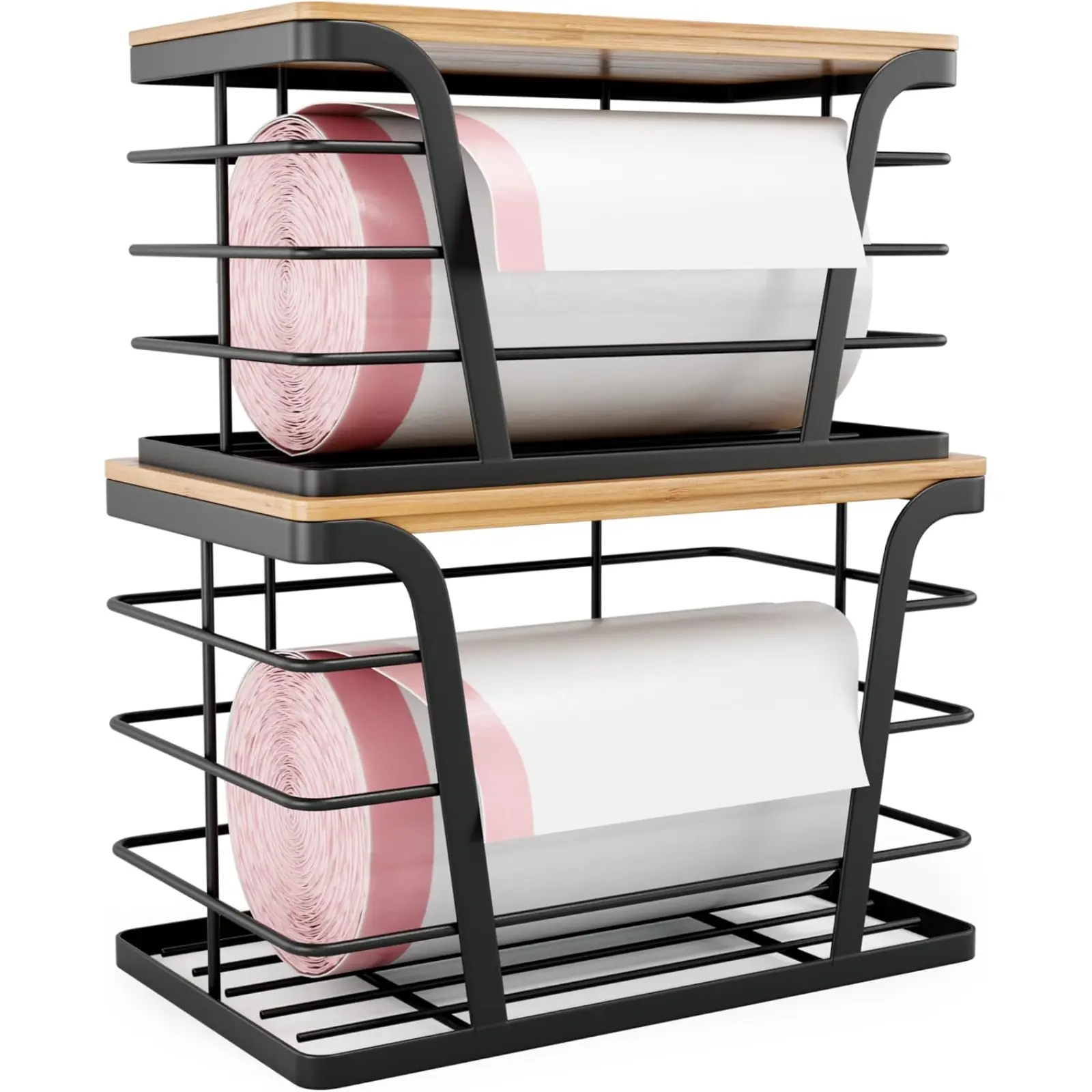 2-Pack Durable Stainless Steel-Bamboo Stackable Storage Organizer Rack Set, Wall-Mount Trash Bag Holder with Bamboo Top, No-Drill Easy-Install Garbage Bag Dispenser for Home (Laundry, Kitchen)