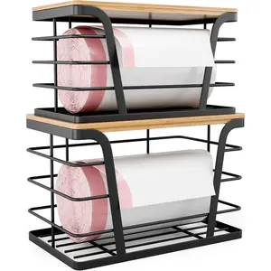 2-Pack Steel-Bamboo Stackable Storage Organizer Rack Set, Durable Stainless Steel Wall-Mount Trash Bag Holder with Bamboo Top, No-Drill Easy-Install Garbage Bag Dispenser, Home Organizer Accessories (Laundry, Kitchen Use)