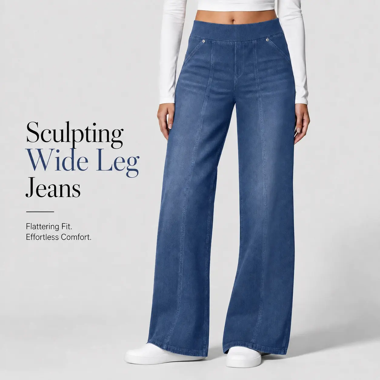 FireSwan Women's High-Rise Wide-Leg Stretch Denim Jeans - Plain Maxi-Length Loose Bottoms with Seam Stitch, Pockets, Waist-Shaping, Leg-Elongating Design for All-Day Casual Comfort, Machine-Washable