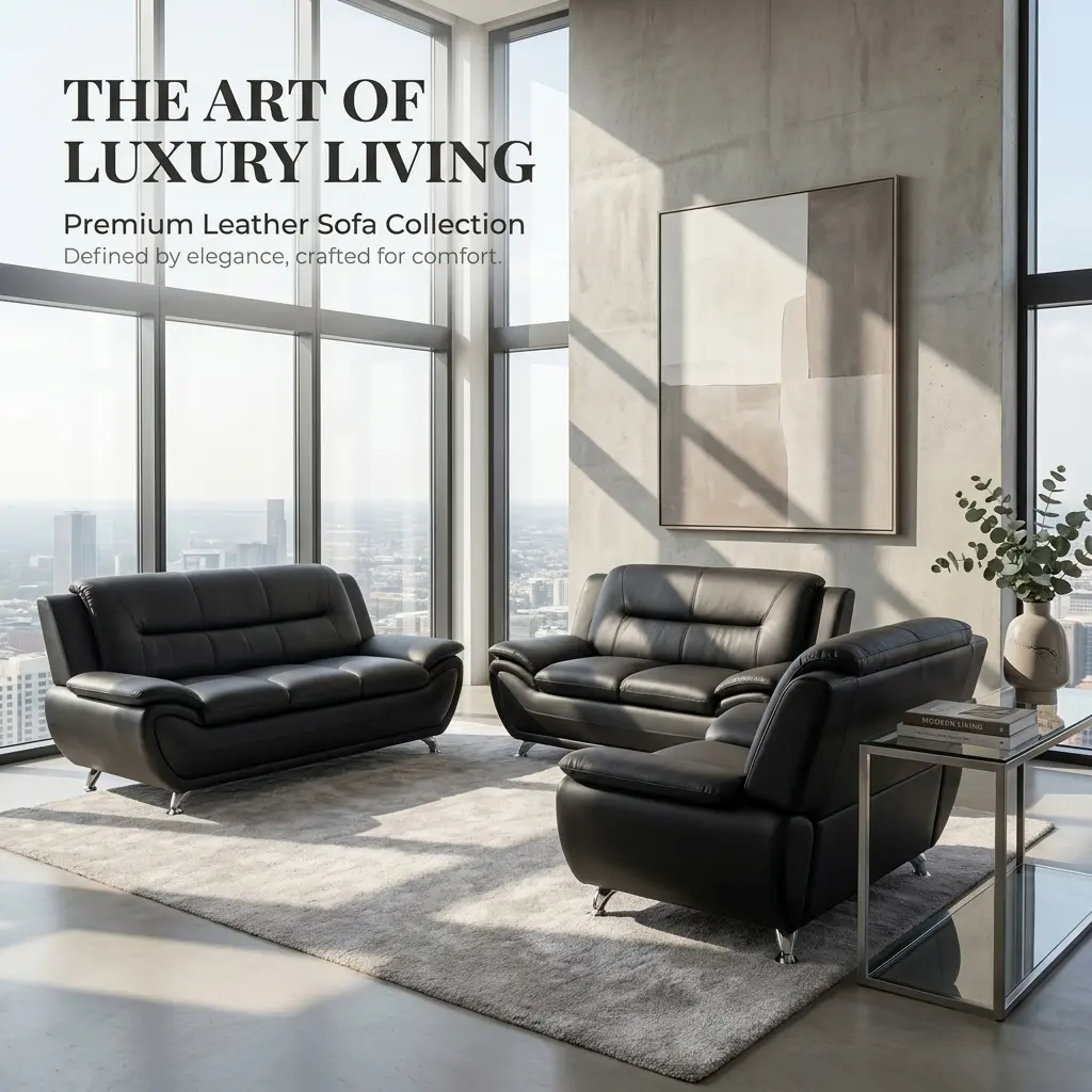 3-Piece Black PU Leather Sofa Set, Indoor Living Room Furniture Couch 3-Piece Black PU Leather Sofa Set, Indoor Living Room Furniture Couch