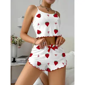 Women'S Strawberry Heart Print Ribbed Cami Shorts Pajama Set with Red Bow Detail - Cozy Sleepwear for Adults, Sexy Night Out, Perfect for Room Decor