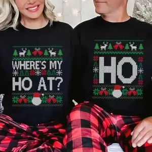 Funny Couples Christmas Sweatshirts, Where’s My Ho At & Ho Matching Holiday Sweaters, Ugly Xmas Party Outfits for Husband and Wife, Festive Couple Gift