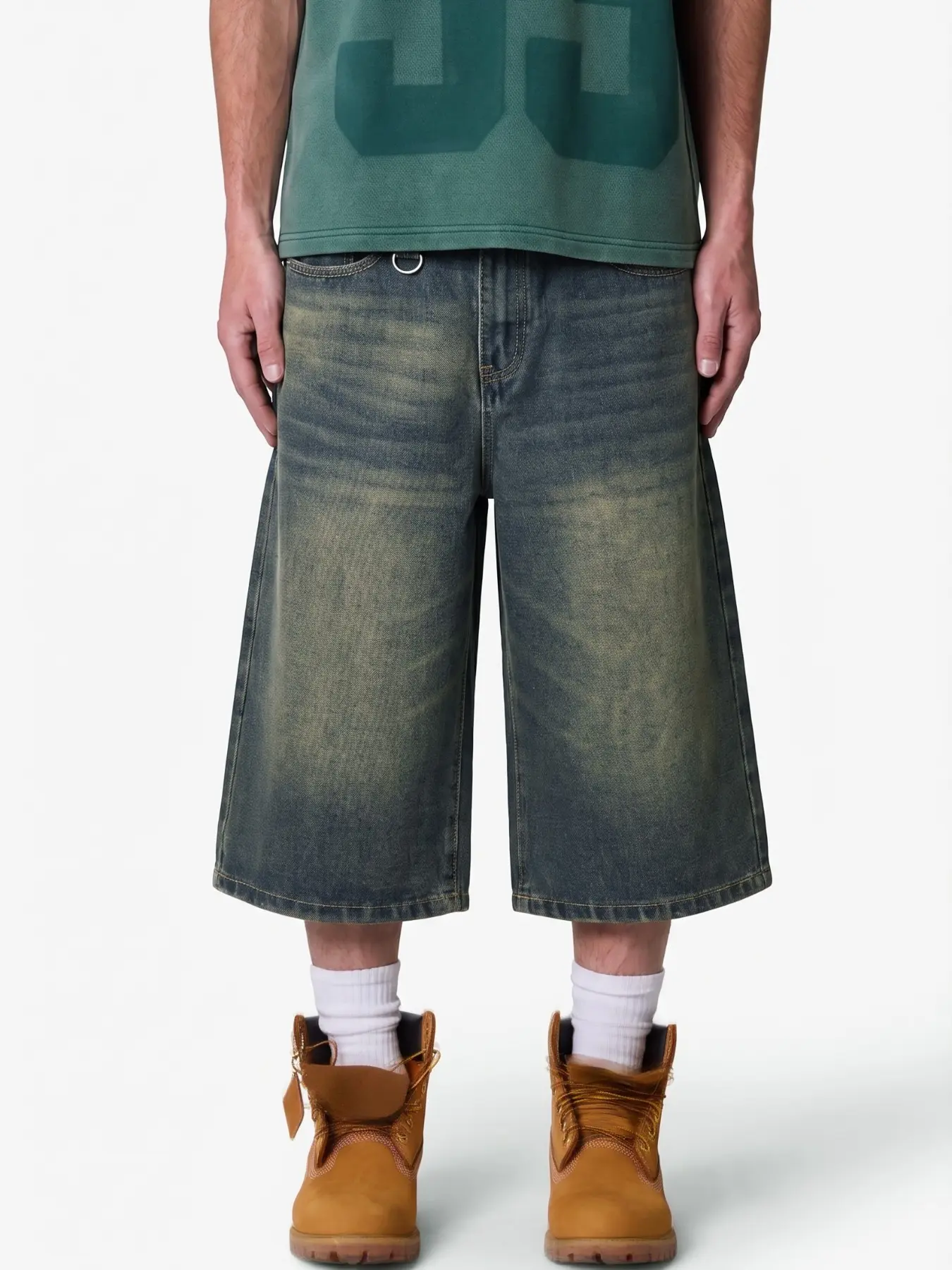 Men's Fashion Retro Wide-Leg Plain Tropical Jean Shorts with Pockets, Loose High Street Sporty Style Denim Jeans, Vintage American Streetwear Distressed Pants, Summer Casual Football
