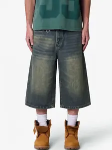 Men's Retro Wide-Leg Jean Shorts, Loose High Street Sporty Style Denim Jeans, Vintage American Streetwear Distressed Pants, Summer Casual Football