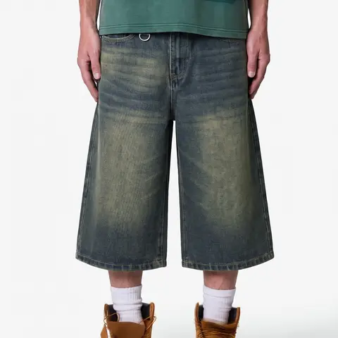 Men's Fashion Retro Wide-Leg Plain Tropical Jean Shorts with Pockets, Vintage Clothing, Loose High Street Sporty Style Denim Jeans, Vintage American Streetwear Distressed Pants, Summer Casual Football
