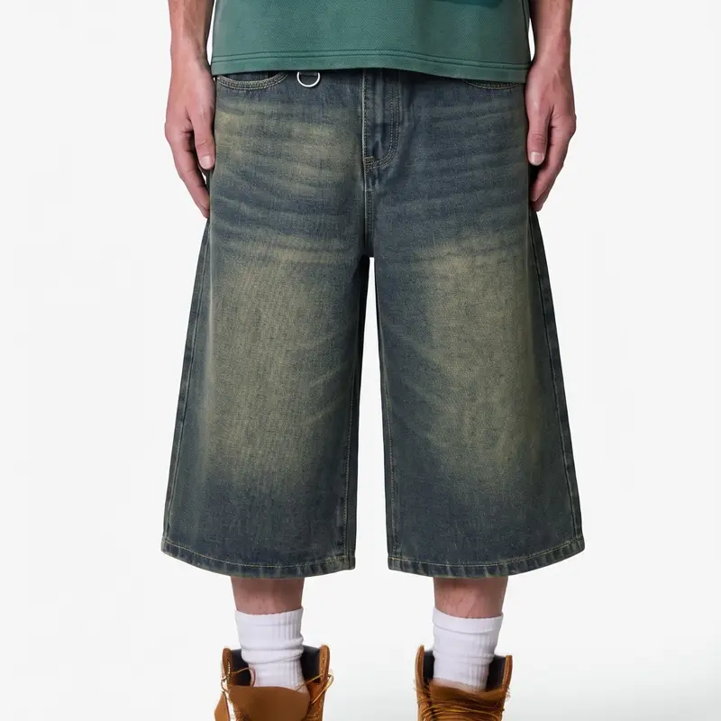 Men's Fashion Retro Wide-Leg Plain Tropical Jean Shorts with Pockets, Vintage Clothing, Loose High Street Sporty Style Denim Jeans, Vintage American Streetwear Distressed Pants, Summer Casual Football