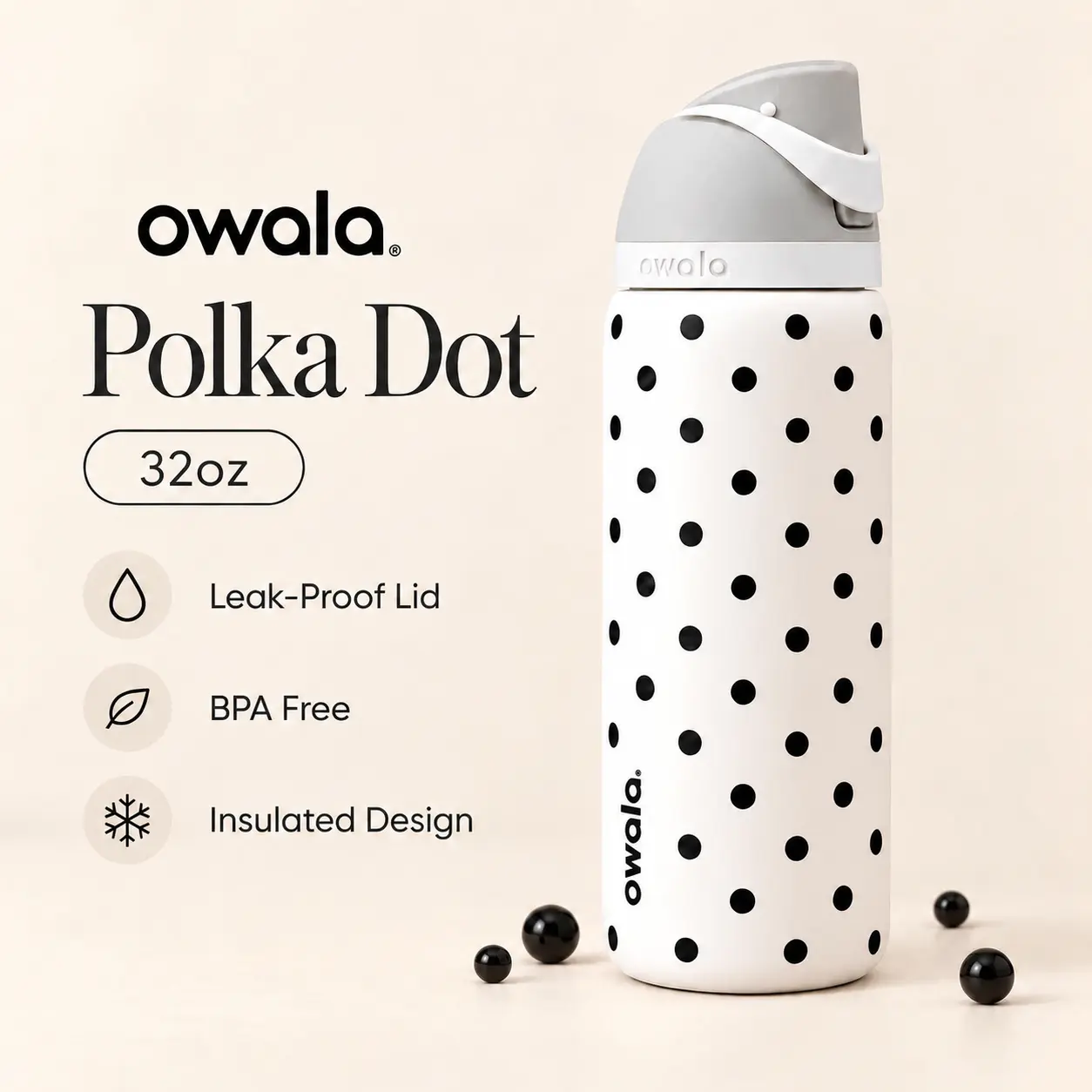 OWALA Polka Dot Freesip 32oz Water Bottle, Insulated Tumbler