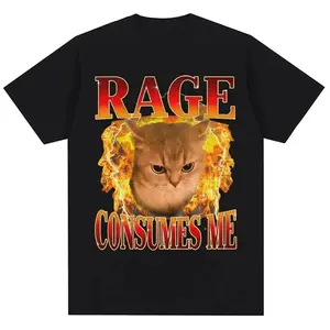 "Rage Consumes Me" Angry Cat Meme Men's T-Shirt | Y2K Fire Flame Cat Funny Rage Meme Retro Bootleg Streetwear Tee