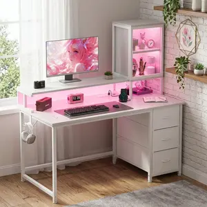 55 Inch Gaming Computer Desk with Built-in Power Outlets, Modern Home Office Workstation Vanity Table with Storage Cabinet and Ergonomic Monitor Stand, Multifunctional Writing Desk for Bedroom Living Room Small Space