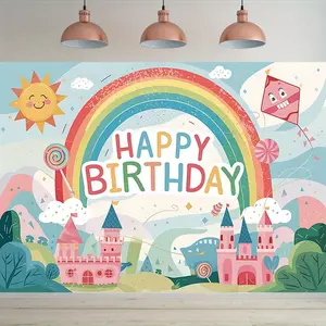 Reusable Whimsical Castle-Rainbow Birthday Banner - 1pc Vibrant Polyester Backdrop with Cartoon Castle, Sun, Clouds - Ideal for Party Decor, Photo Props