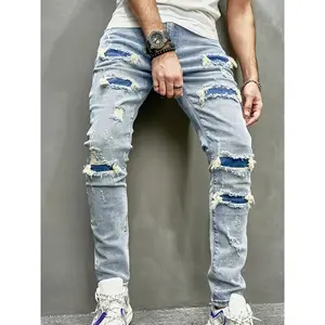 Men's Stylish Casual Solid Patchwork Denim Pants With Tassels, Slim Fit Jeans For Daily Life Outdoor