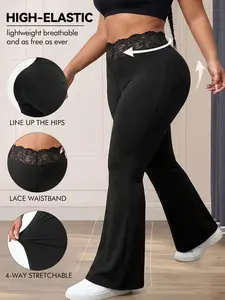 Plus Size Women's Lace Waist Flare Pants, High-Waisted Micro Flare, Soft High Elastic, Casual Daily Wear, Sports Friendly
