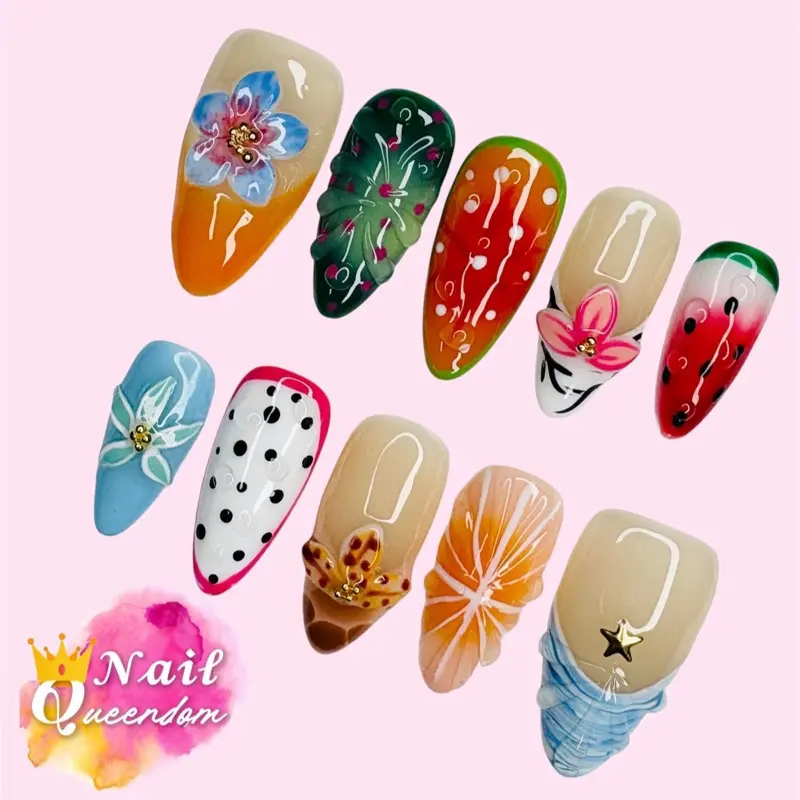 Nail Queendom [FRUIT SALAD] Handcrafted 3D Press-On Fake Nails Reusables Long Lasting Salon Quality Easy Application 10 Pieces Set
