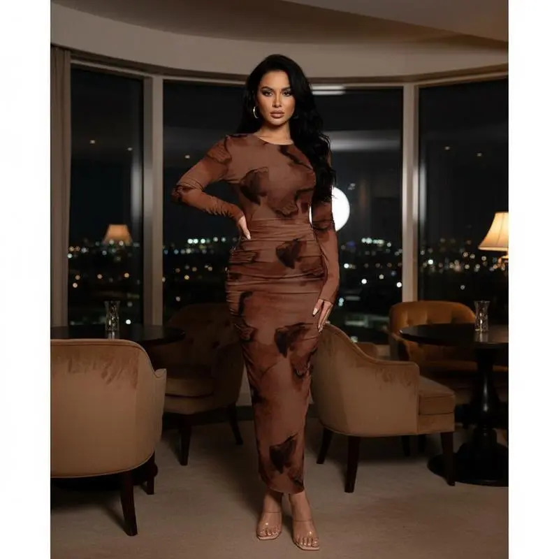 Women's Elegant Gradient Long Sleeve Slim Fit Dress - Coffee Brown Polyester Fall Wedding Guest Dress with Flowy Silhouette, Comfortable Stretch Fabric Perfect for Formal Events, Parties, Special Occasions and Office Wear