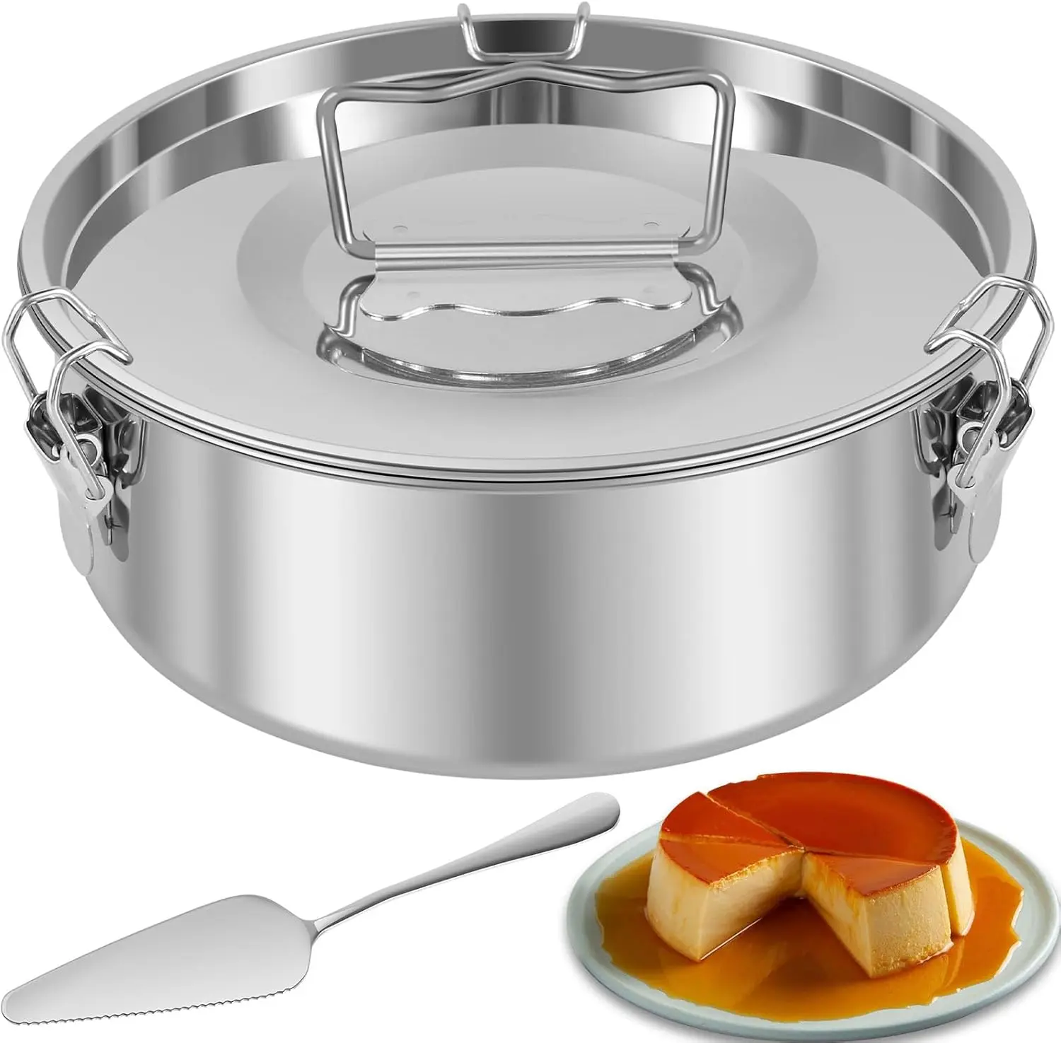 Stainless Steel Flan Pan - 1.5QT Multi-Cook Steel Pot with Tight-Fitting Lid and Spatula, Round Oven-Safe Heat Resistance Pot for Pressure Cooking and Baking, Heat Resistance Pots, Multi-Cook Pots
