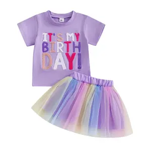 Toddler Baby Girl Birthday Outfit It's my birthday Letter Embroidery Shirt Top Tutu Skirt Princess Party Skirt Summer Birthday Clothes