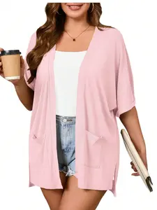 2026 Women's Plus Size Summer Cardigan, Short Sleeve Front Open Design, Lightweight with Pockets, Beach Cover-Up, Flowy Style