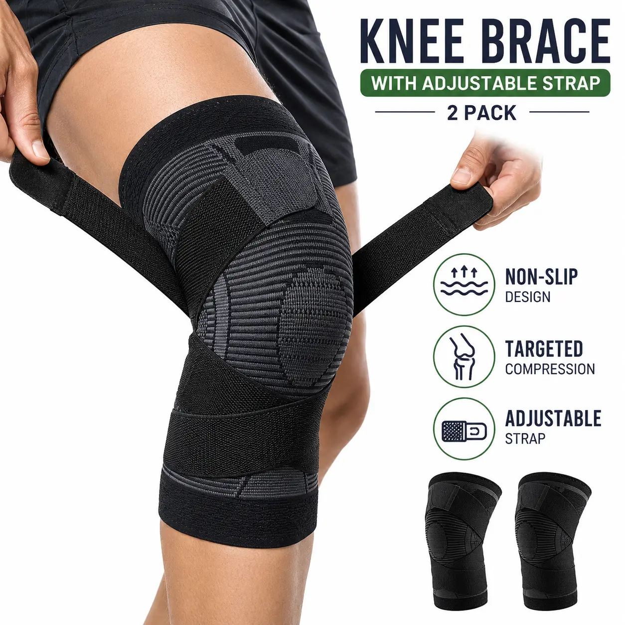 Knee Brace with Adjustable Strap (2 Pack) - Compression Knee Sleeve for Men and Women, Joint Support for Arthritis, ACL & Knee Pain Relief