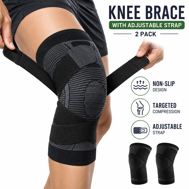 Unisex Nylon Fabric Runners Knee Brace 2-Pack - Adjustable Strap Sports Sleeve, Anti-Slip Compression Stabilizer for Volleyball, Arthritis Pain Relief