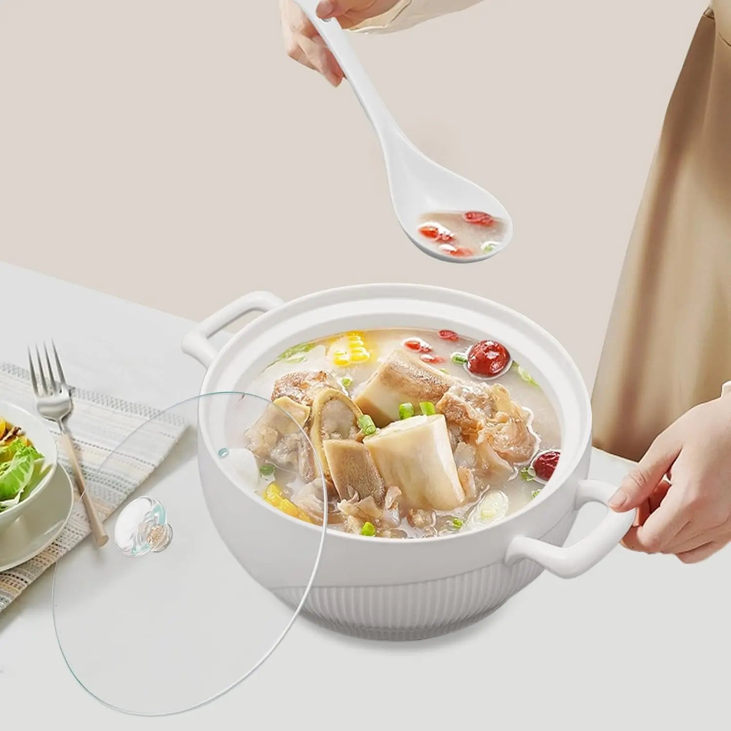Ceramic Soup Tureen with Lid and Ladle Set, Porcelain Serving Soup Tureen for Restaurant Home Kitchen Decoration, Ceramic Covered Tureens for Soup, White Porcelain (7.5inch)