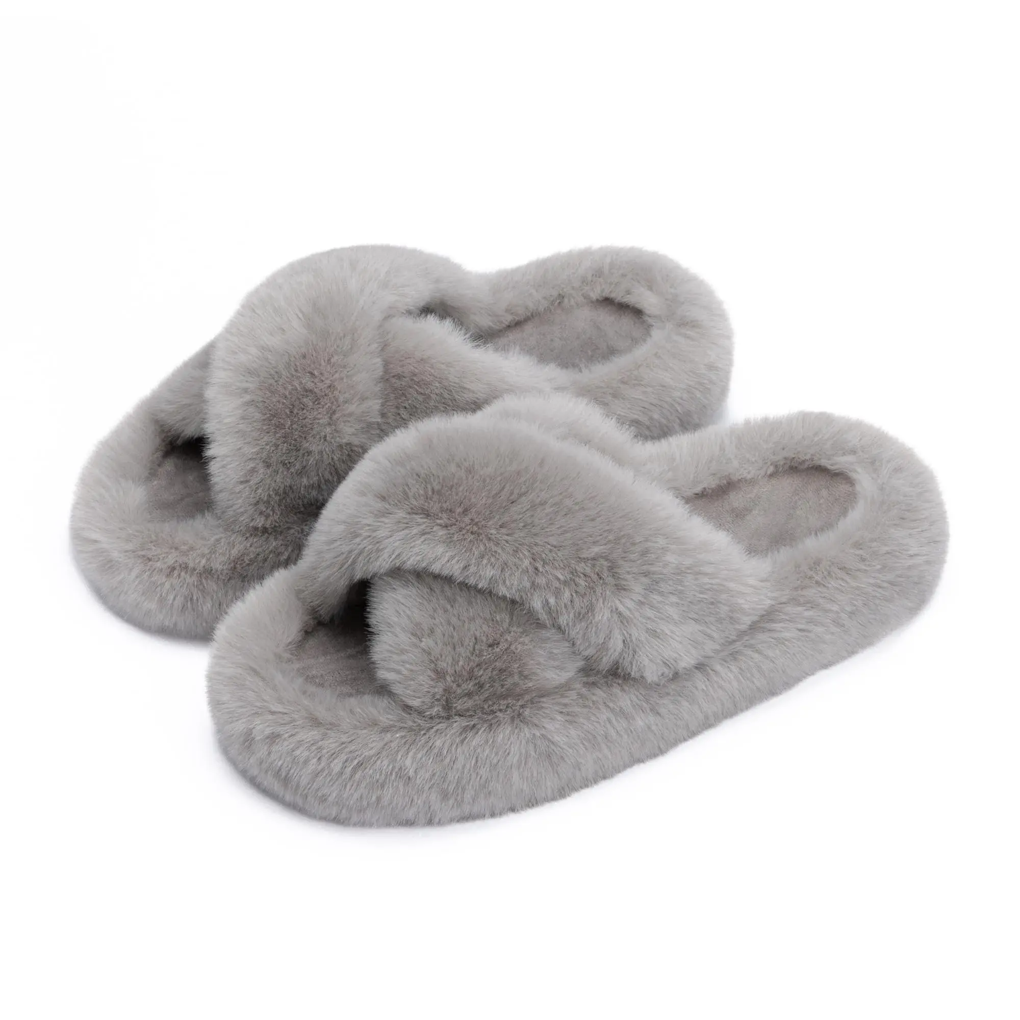 Chantomoo Cross Plush Open Toe Slippers Memory Foam Fluffy Faux Fur Cozy House Shoes