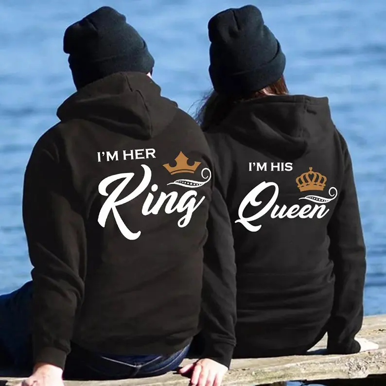 Printing Her King or His Queen Lover Couple Hoodies Graphic Hoodie Casual Streetwear Fleece Fabric Pullover Hooded Sweatshirt Trendy Halloween Tops Collection for Women for Men, Perfect Gift