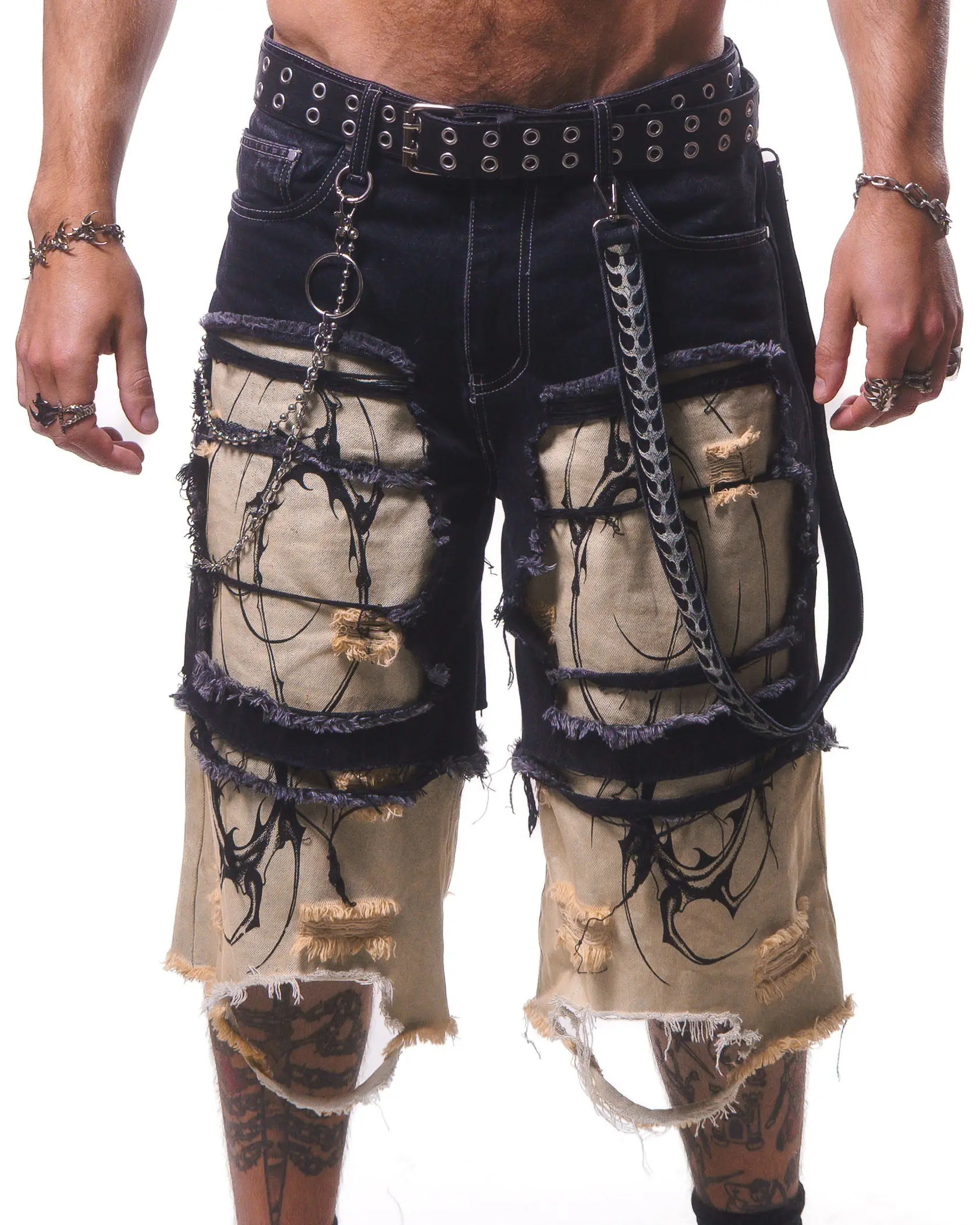 DOUBLE LAYER DENIM LONG SHORTS ( BLACK/CREAM )