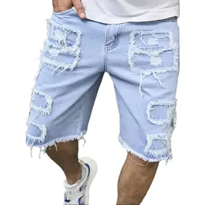 Men’s light blue denim shorts — heavy distressed effect with wear details and patchwork design, straight cut, knee-length cargo shorts; Y2K street-style casual summer denim shorts suitable for men’s parties and vacations. Father’s Day Gift