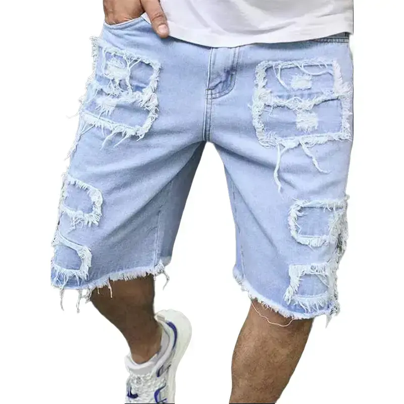 Men’s light blue denim shorts — heavy distressed effect with wear details and patchwork design, straight cut, knee-length cargo shorts; Y2K street-style casual summer denim shorts suitable for men’s parties and vacations. Father’s Day Gift Jeans Handmade
