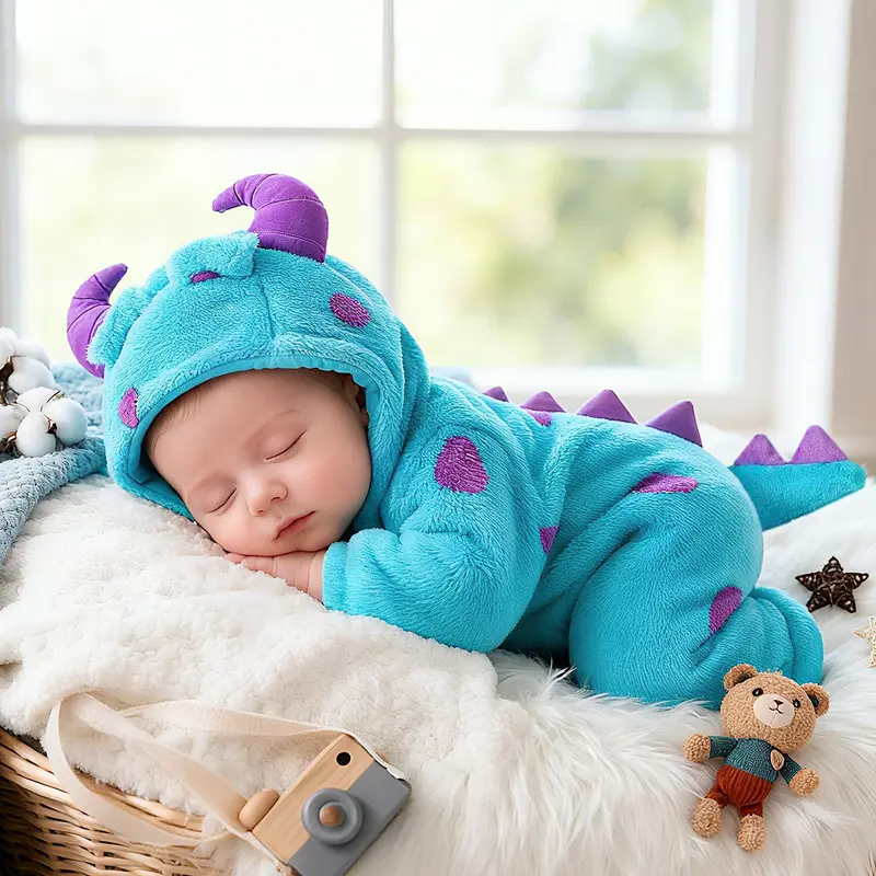 【Black Friday】Unisex Baby Fleece Monster Hooded Onesie, Cute Costume, Warm Thick Winter Jumpsuit for Boys and Girls, Baby Clothing