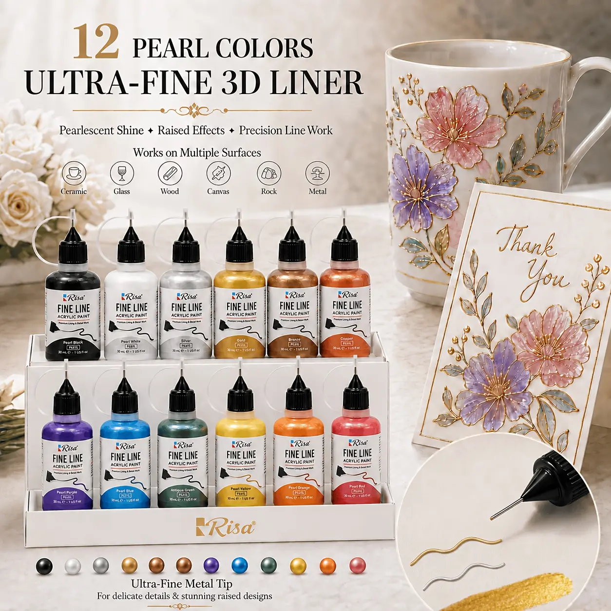 12-Color Pearl Acrylic 3D Liner Paint, 30ml/1oz Each, Ultra-Fine Precision Needle Tip, RaisedTexture & Metallic Shimmer Paint For Ceramic, Glass, Canvas, Rock Crafts & Detail Art，
