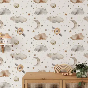 Spaceship Wallpaper For Boys - Soft Clouds and Stars