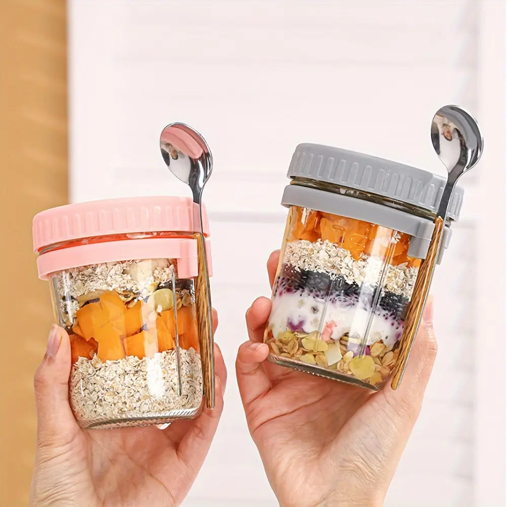 Overnight Oats Cup, 2 Counts Portable Glass Salad Jar with Spoon, Yogurt Cup, Breakfast Cup, Healthy Eating Containers, Glass Storage Containers, Drinkware for Home Kitchen, Containers, Glass Jars