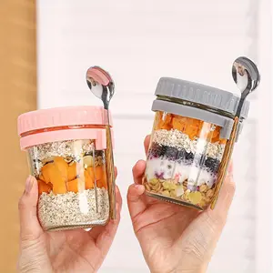 Overnight Oats Cup, 2 Counts Portable Glass Salad Jar with Spoon, Yogurt Cup, Breakfast Cup, Healthy Eating Containers, Drinkware for Home Kitchen, Containers