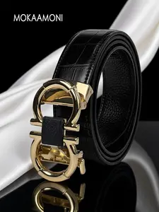 Designer Belt for Men, Men's PU Leather Belt with Automatic Buckle, Durable Alloy Waistband, Casual Style for All Seasons, Universal Fit for Men