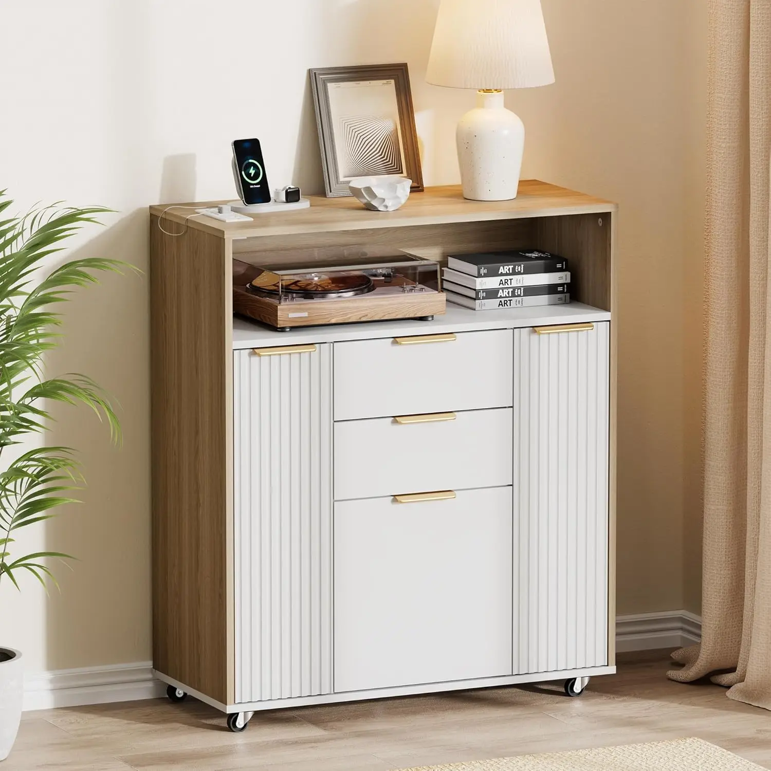 ModernMate Fluted 37" Light Walnut Wood Cabinet - 3-Section Dual Drawer Freestanding Portable Sideboard Buffet, Mobile Rolling Storage Cart with Charging Station, USB/AC Outlets for Small Home Office, Wood Cabinets, 3-Section Cabinets
