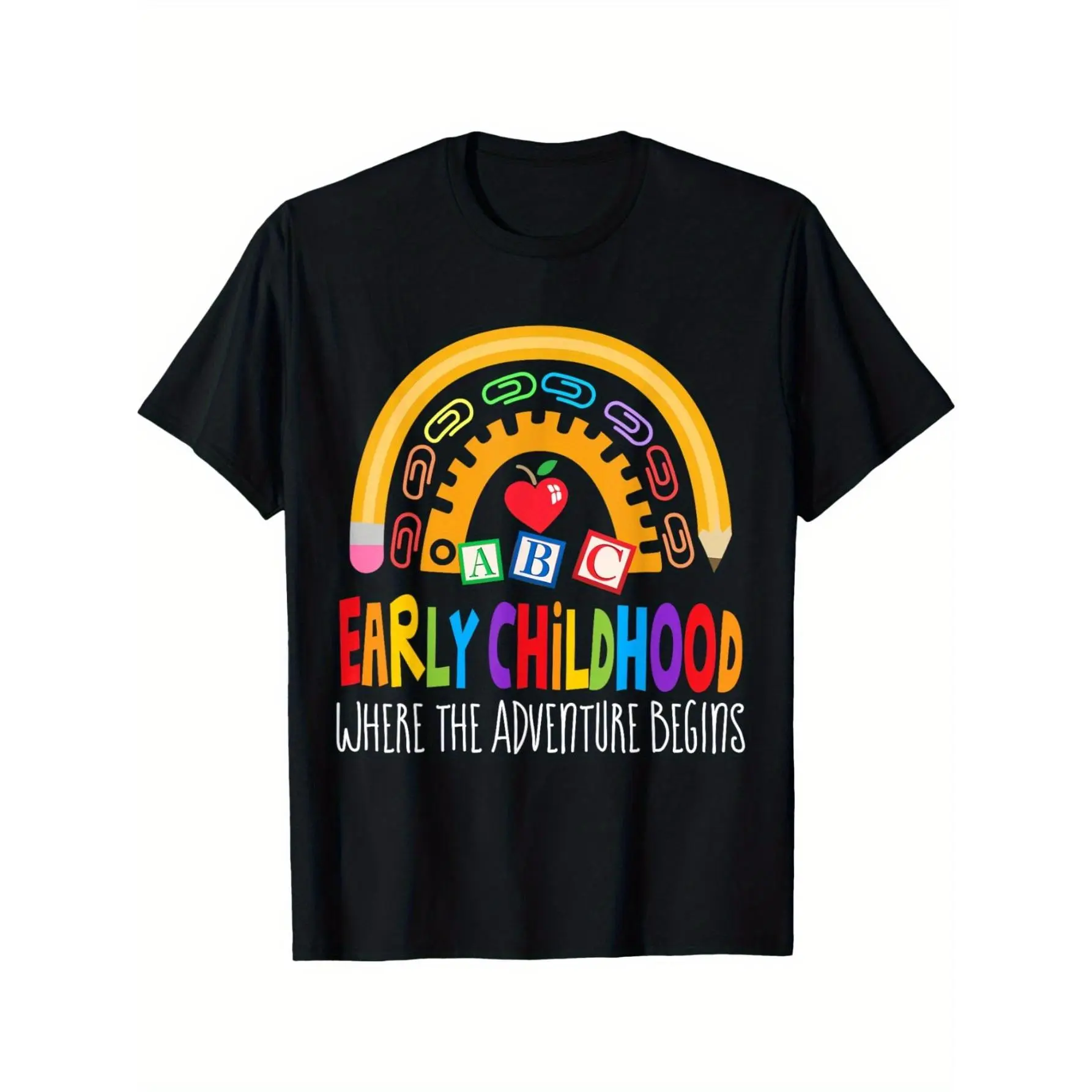 Teacher Early Childhood Education Preschool Head Start Crew T-Shirt - Black Casual Loose Fit with Rainbow Gear & ABC Blocks Graphic, "Where The Adventure Begins" Slogan, Machine Washable, Preschool Teacher Shirt, Educational Apparel, Playful Educational P