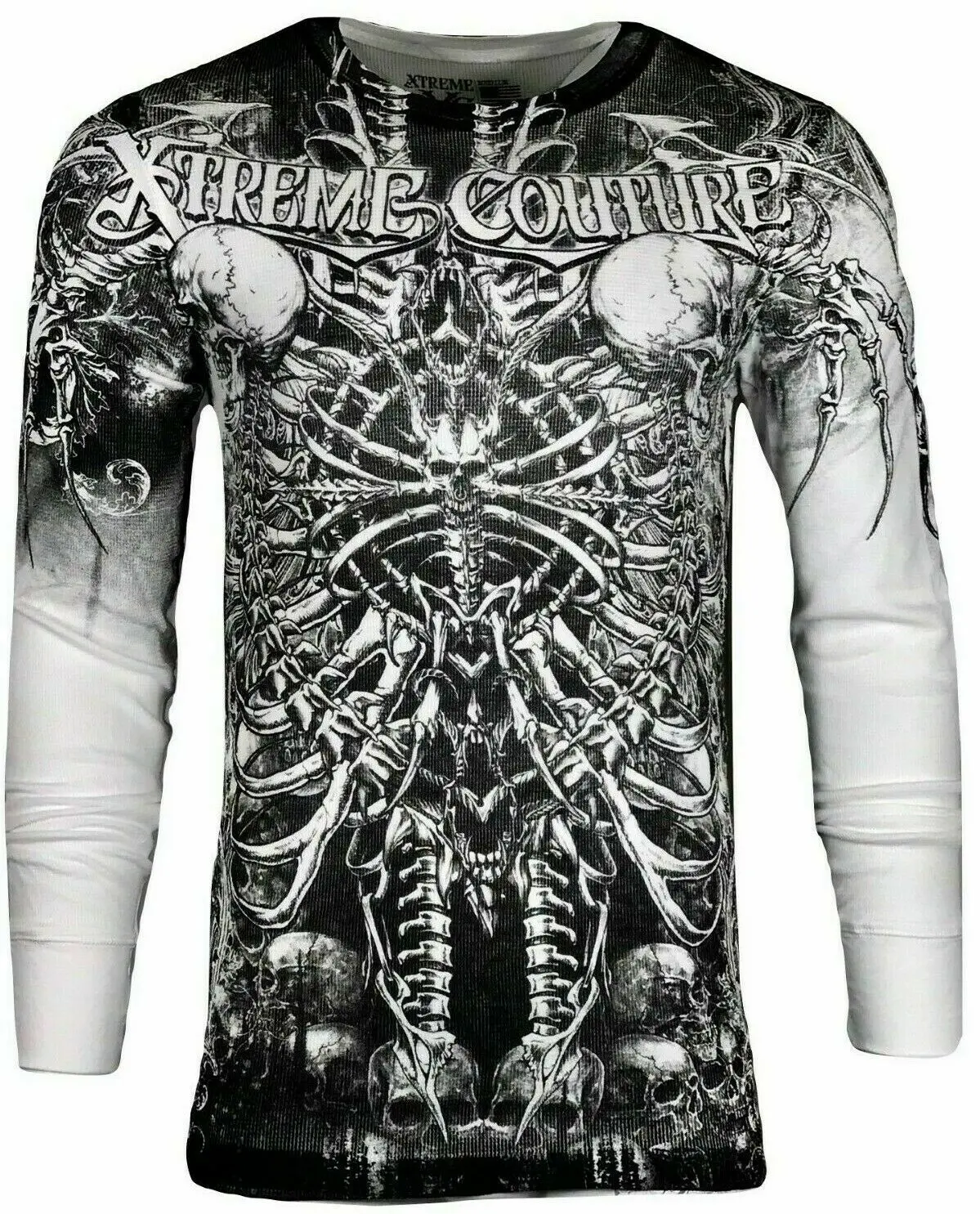 Xtreme Couture Men's Catacombs 100% Cotton Long Sleeve Thermal Graphic Skull Biker Tee - White, Menswear Tops