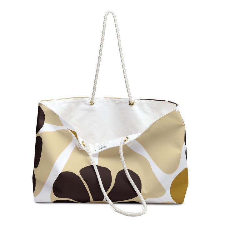 Beige & Mustard Retro Floral Weekender Bag Wild Daisey Escape Collection 100% Spun Polyester Durable 27" Cotton Rope Handles T-bottom Structure USA Assembled